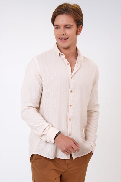 Back And Bond Bej Regular Fit Pamuklu Desenli Gömlek