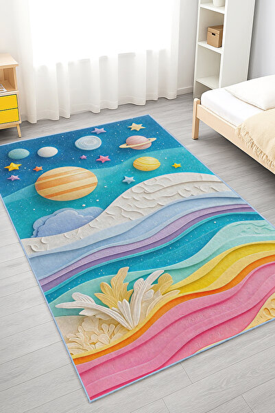 Realhomes Renkli Yıldızlar ve Gezegenler Desenli Yıkanabilir Kaymaz Taban Halı