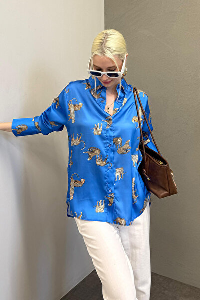 Madmext Mad Girls Leoparlı Mavi Saten Gömlek Mg187