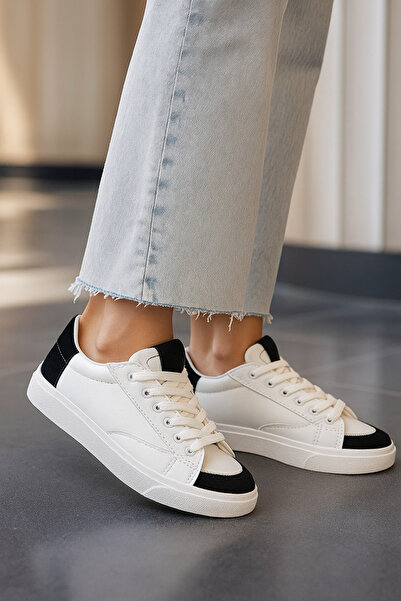 Nstil Casual White Black Women's Sneaker Lace-Up Serrated Sole Suede Detailed Walking Sports Shoes 07