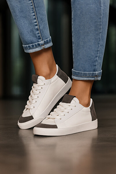 Nstil White Smoked Women's Sneakers - Lace-Up and Serrated Sole, Suede Detailed Walking Sports Shoes 07