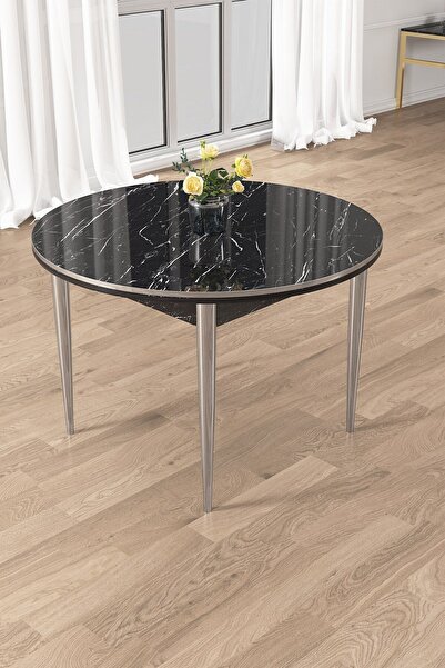 Canisa Siyah Mermer Desen 90 X 90 Sabit Yuvarlak Yemek Masası Krom Metal Ayak
