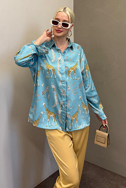 Madmext Mad Girls Λεοπάρ Τυρκουάζ Σατέν Πουκάμισο Mg187