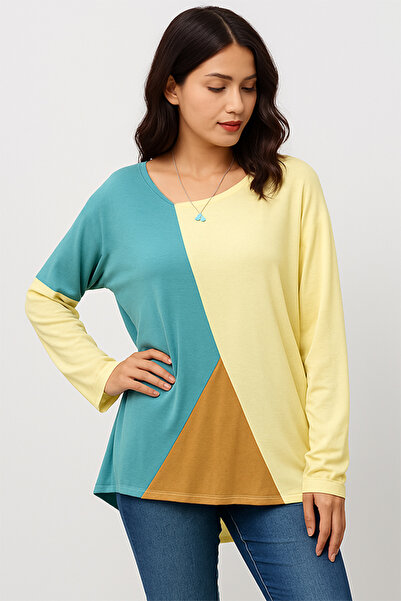 dorbe Color Blocks Pattern Long Sleeves Fashion Shirt Asymmetrical Neckline Blouse Top