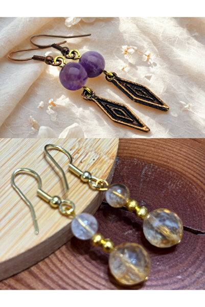 ayrestyle طقم أقراط من حجر الجمشت والسترين الطبيعي مكون من قطعتين - مزخرف - 5...