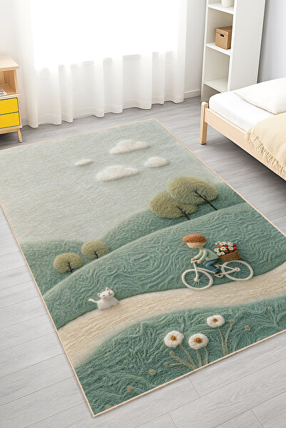 Realhomes Yeşil Doğada Bisiklet Süren Çocuk Temalı Yıkanabilir Kaymaz Taban Halı
