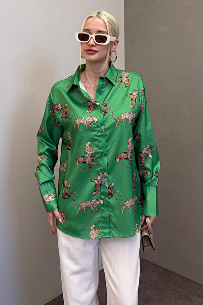 Madmext Mad Girls Leoparlı Yeşil Saten Gömlek Mg187