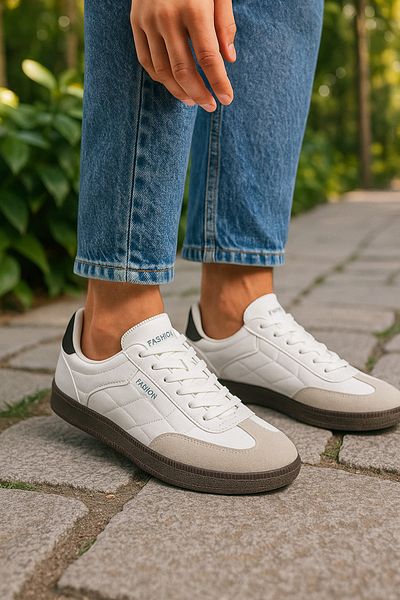 Nstil Pantofi de sport unisex alb de zi cu zi, cu șireturi, cusături, cu vârf oval, talpă zimțată, pantofi sport Hafir 353