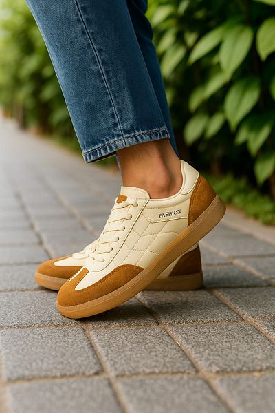 Nstil Casual Unisex Beige Tan Sneaker με κορδόνια με λεπτομέρεια ραφής Οβάλ αθλητικά παπούτσια με οδοντωτή σόλα 353