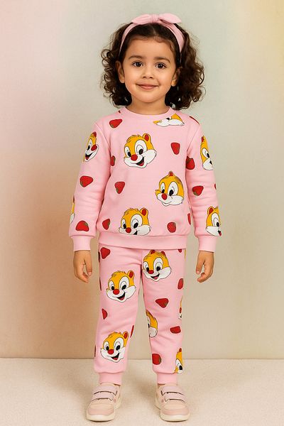 Yalçınoğlu Kids Κοριτσίστικο κοστούμι με χαριτωμένο χαρακτήρα κινουμένων σχεδίων I Παιδικό σετ αθλητικών παντελονιών Ροζ I Σετ χαρακτήρων σε ροζ χρώμα