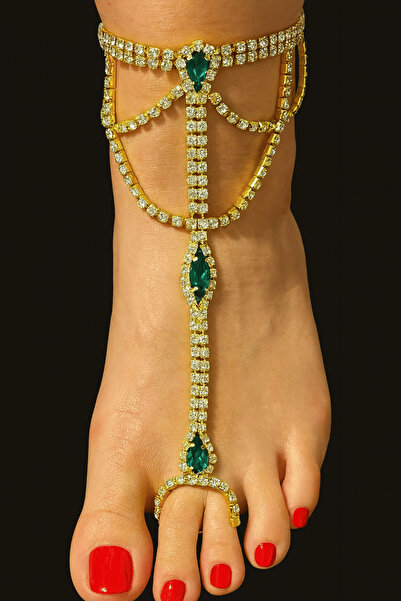 TAKIŞTIR الذهب اللون الحجر الأخضر تصميم مفصل خلخال القدم شاميران