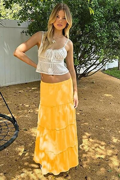 Madmext Sarı Basic Pileli Kadın Uzun Etek