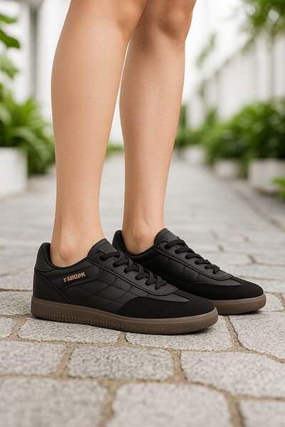 Nstil Daily Unisex Black Sneaker Lace-Up Stitching Detail Oval Toe Serrated Sole Hafir Sports Shoes 353
