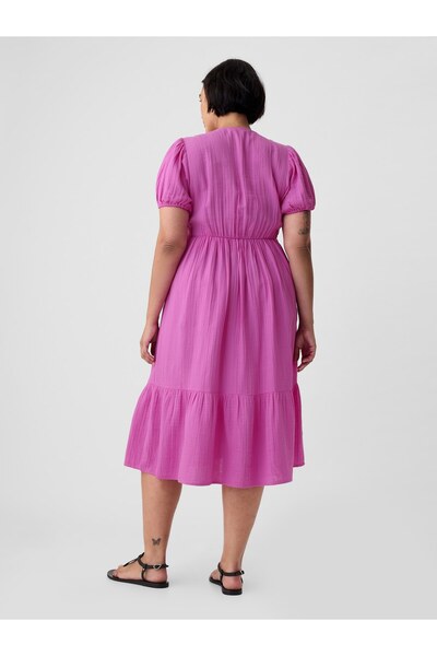 GAP Kadın Pembe Crinkle Gauze Midi Elbise