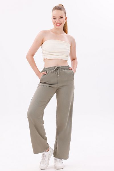 freemen Pantaloni de damă cu talie înaltă din gabardină și in – țesătură respirabilă, confort 4 anotimpuri