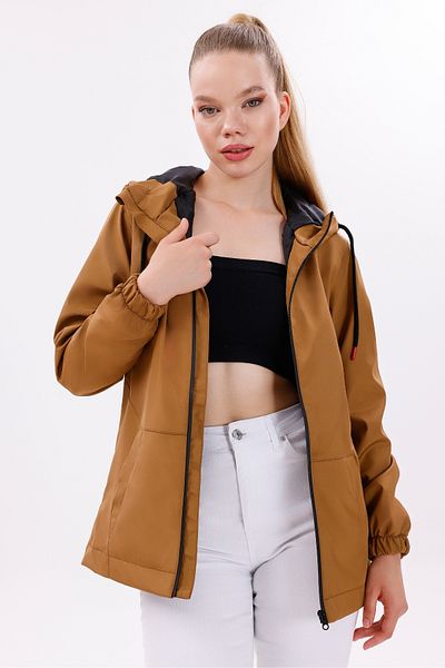 freemen Women's Tan Waterproof and Wind-Resistant Lined Hooded Raincoat - Windbreaker