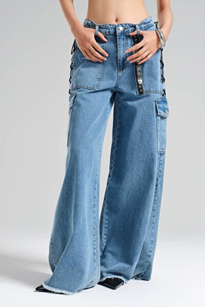 tw3 Women's Leather Buckle and Lace-Up Design Palazzo Jean