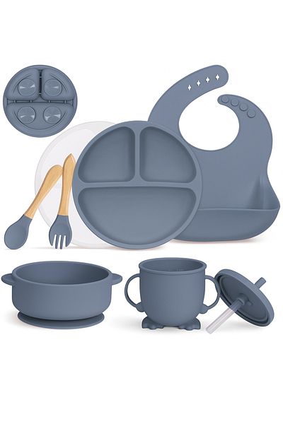 Brivoo® Set diversificare bebelusi din Silicon, Brivoo®, farfurie cu ventuza, bol, tacamuri, cana