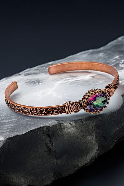 OSMANLI GÜMÜŞ Women's Copper Bracelet Ring Set - Mystic Topaz Gemstone Shuttle Tree Bark Model Thin Metal Box Quartz Stone