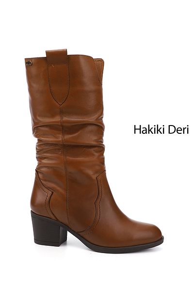 GÖNDERİ(R) Women/Girls Tan Antique Thick Heeled Gusseted Genuine Leather Boots