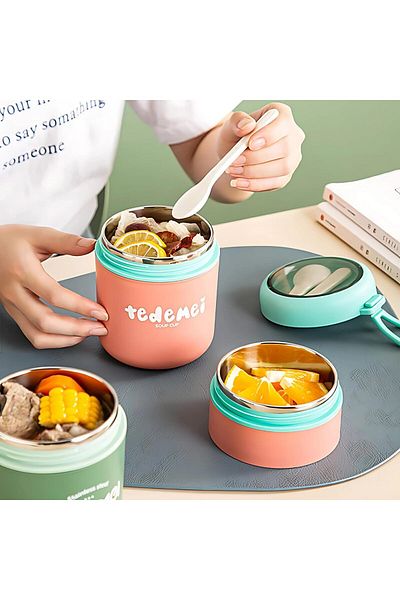 Twisoo Double Soup Bowl Insulated Lunch Container Thermos Steel Food Jar with Spoon Stainless Steel