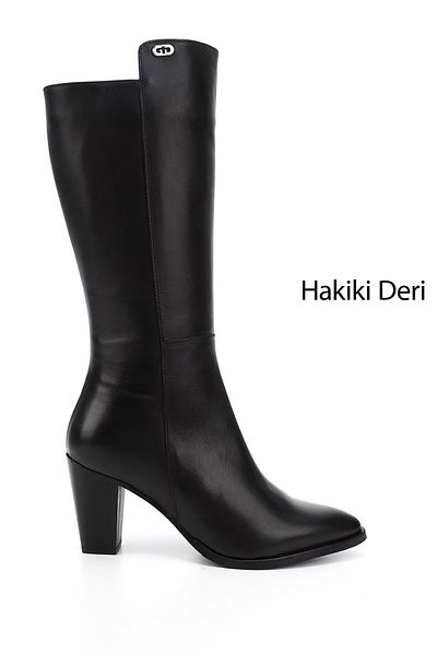 GÖNDERİ(R) Women's Black Pointed Toe Thick Heeled Genuine Leather Boots