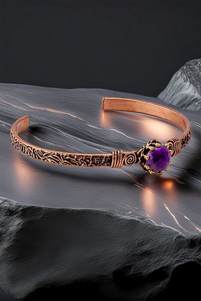OSMANLI GÜMÜŞ Women's Copper Bracelet Ring Set - Amethyst Stone Tree Bark Model Thin Metal Box Quartz Stone Set