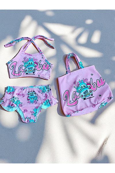 MİLAYS LİFE HOME COLLECTİON Girl's Character Printed Skirt with Ruffles - Rope Tie Bag Swimsuit Bikini 3 Piece Set