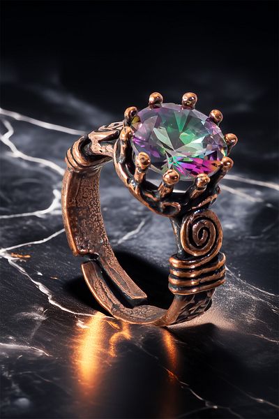 OSMANLI GÜMÜŞ Women's Copper Bracelet Ring Set - Mystic Topaz Tree Bark Model Thin Metal Box Quartz Stone Set