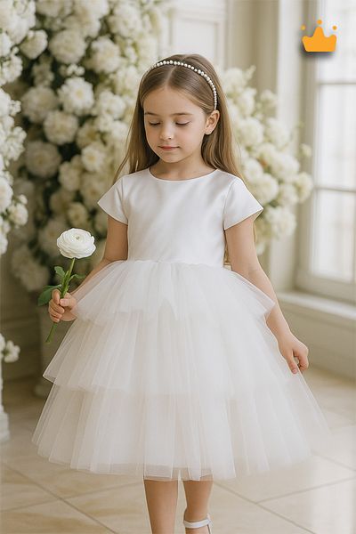 MİNİMONY 4-8 Years Old Pearl Crown Layered Tulle Skirt Girl's Evening Dress Holiday Wedding Dress White 6572