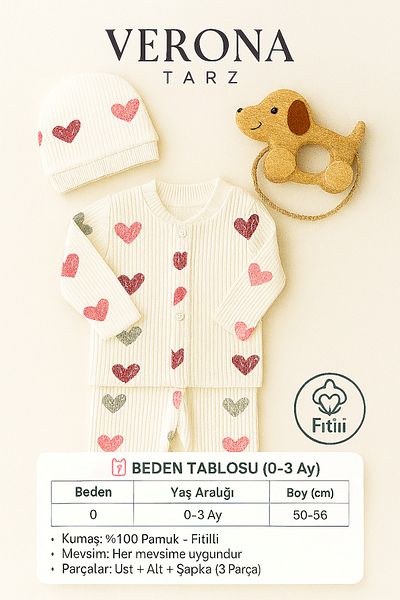 VERONA TARZ Baby Girl Heart Patterned 3-Piece Hospital Discharge Set Newborn Outfit 50-56cm Twill Fabric