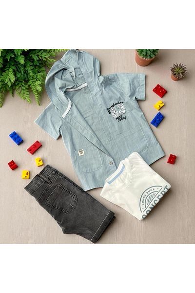 Babexi 83 Embroidered Shirt Tshirt Shorts Set Blue