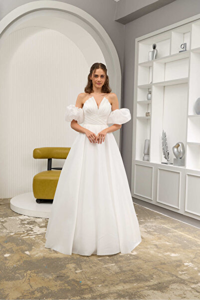 Lenta Moda Lenta Wedding Beyaz Kol Detaylı Drapeli Maxi Boy Helen Gelinlik