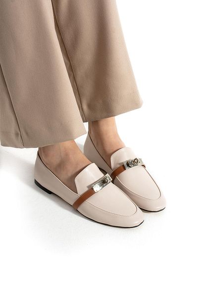 diclepolat Women's Loafer Buckle Casual Shoes Loriza Beige