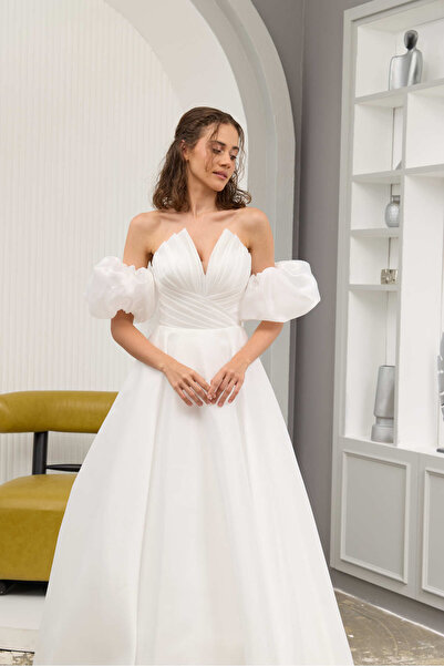 Lenta Moda Lenta Wedding Beyaz Kol Detaylı Drapeli Maxi Boy Helen Gelinlik