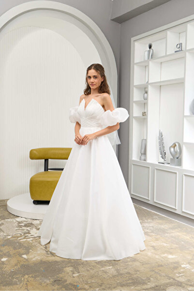 Lenta Moda Lenta Wedding Beyaz Kol Detaylı Drapeli Maxi Boy Helen Gelinlik
