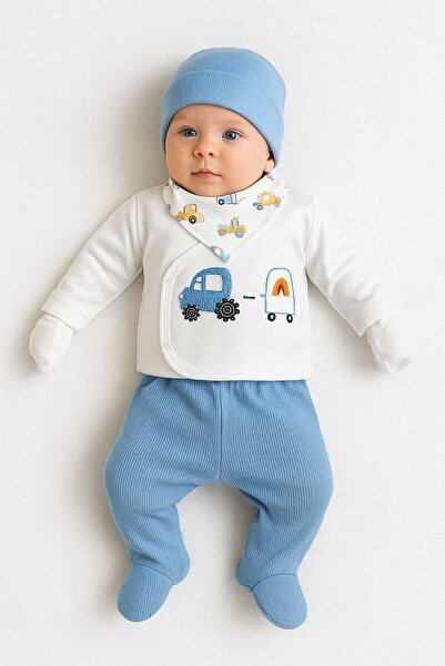BabyBlue Traktör İşlemeli 5'li Erkek Bebek Zıbın Takımı Hastane Çıkışı %100 Pamuklu