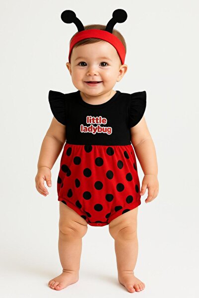 BabyBlue Summer Little Ladybug Figured Badi Jumpsuit Salopet Baby Girl with Hair Band 100% Cotton