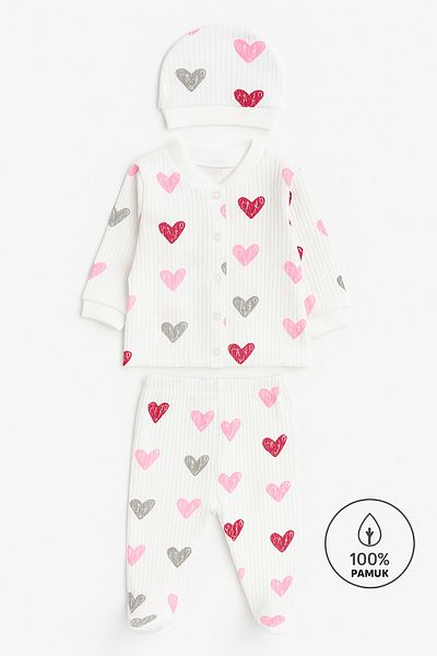 VERONA TARZ Baby Girl Heart Patterned 3-Piece Hospital Discharge Set Newborn Outfit 50-56cm Twill Fabric