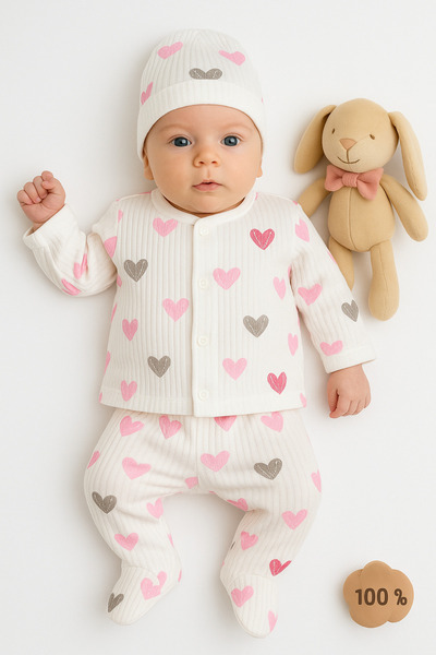 VERONA TARZ Baby Girl Heart Patterned 3-Piece Hospital Discharge Set Newborn Outfit 50-56cm Twill Fabric
