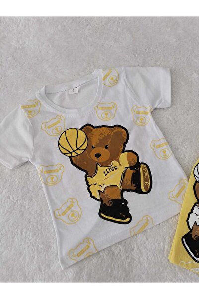 Store Yellow Basketball Teddy Bear Unisex Short Sleeve Summer Suit Top and Bottom Suit Beach