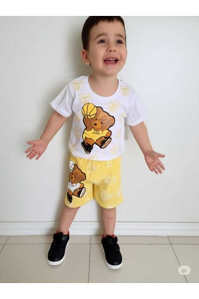 Store Yellow Basketball Teddy Bear Unisex Short Sleeve Summer Suit Top and Bottom Suit Beach