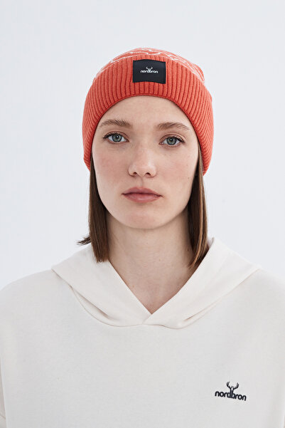 Nordbron Kadın Mercan Triko Desenli Yumuşak Bere Logolu Esnek Kışlık Çift Kat...