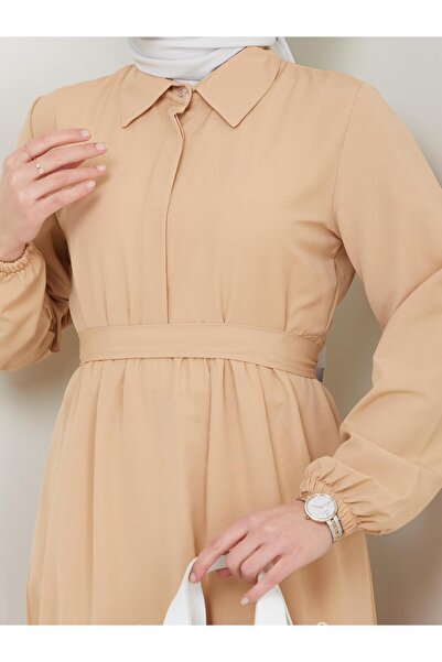 exxitcollection Γυναικείο Hijab Beige Stone με κουμπιά μπροστά με ζώνη μακρύ κομψό μοντέρνο φόρεμα από τερικότο