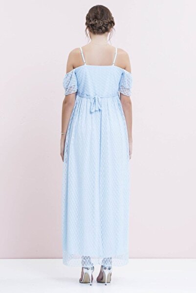 Genel Markalar Çiçek Detaylı Tül Uzun Abiye Hamile Elbise Mavi