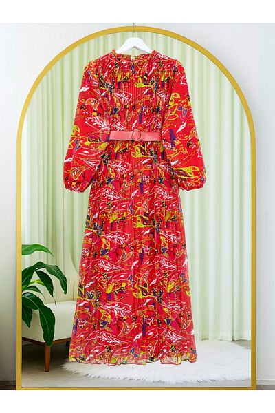 Modamorfo Pleated Front Belted Chiffon Dress
