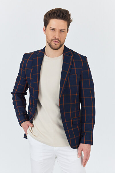 Frappoli Чоловічий темно-синій-червоно-коричневий картатий полівіскозний піджак Slim Fit