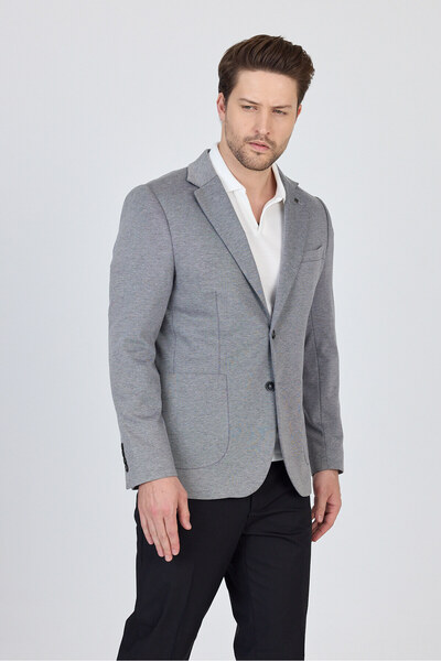 Frappoli Feniks Erkek Siyah-Gri Yarım Astar Torba Cepli Pamuk Karışımlı Likralı SlimFit Spor Blazer Ceket