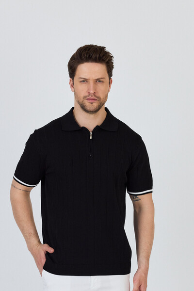 Frappoli Toledo Men's Black-White Cotton Blend Self-Striped Slim Fit Polo Neck Knitwear T-Shirt