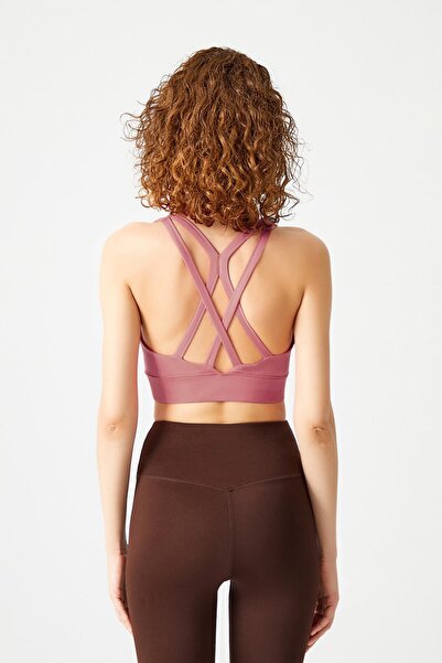 Los Ojos Dusty Rose Supported Back Detailed Covered Sports Bra Strappy Back